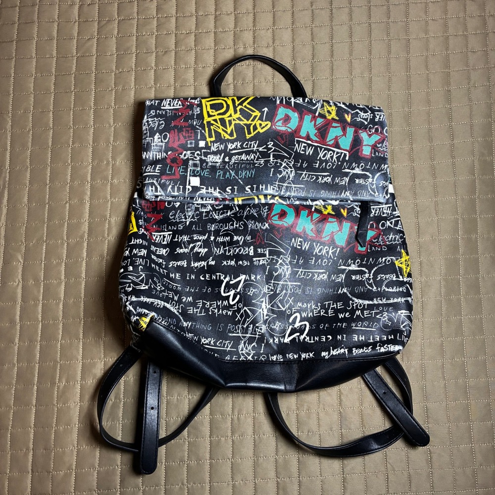 DKNY Graffiti Print Backpack Black Faux Leather NYC Street Art School Bag Large